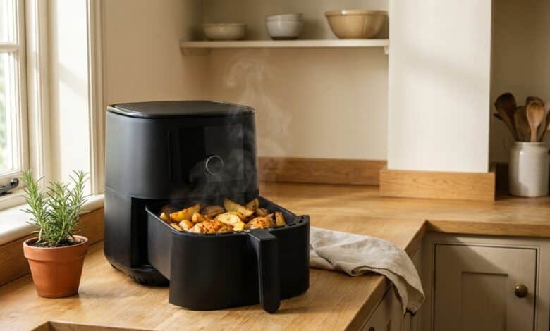 Best Air Fryers of 2026: Top Picks for Every Budget and Size 1 Best Air Fryers of 2026: Top Picks for Every Budget and Size Black digital air fryer on a wooden kitchen counter with roasted vegetables and chicken in the open basket